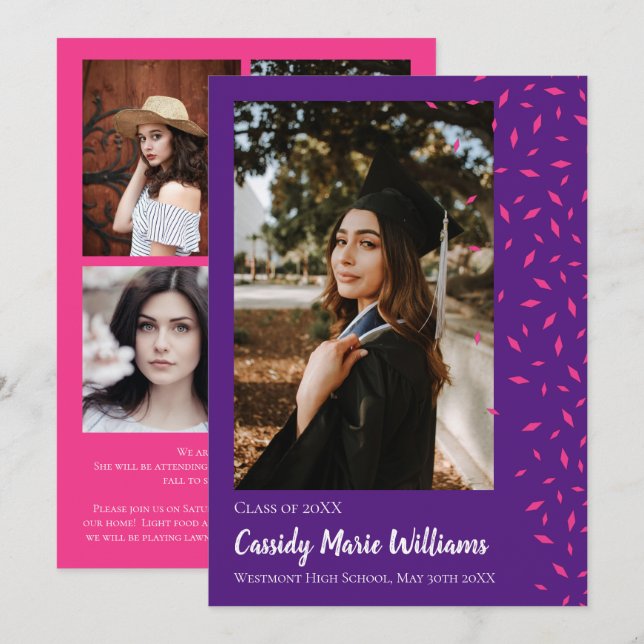 Pink Purple Confetti Graduation Announcement (Front/Back)