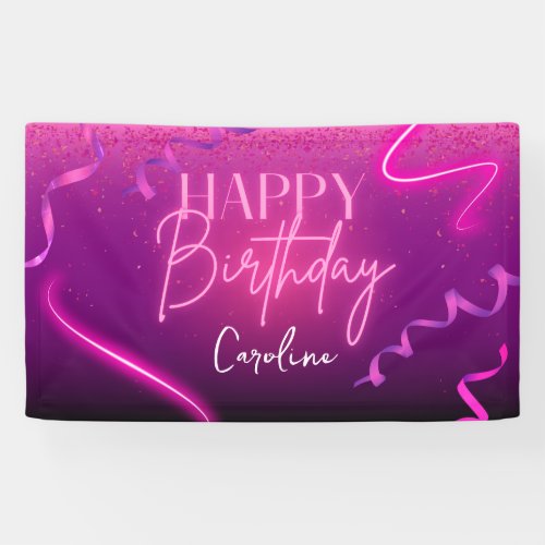 Pink Purple Confetti Neon Lights Happy Birthday  Banner