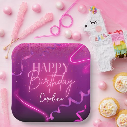 Pink Purple Confetti Neon Lights Happy Birthday  Paper Plates