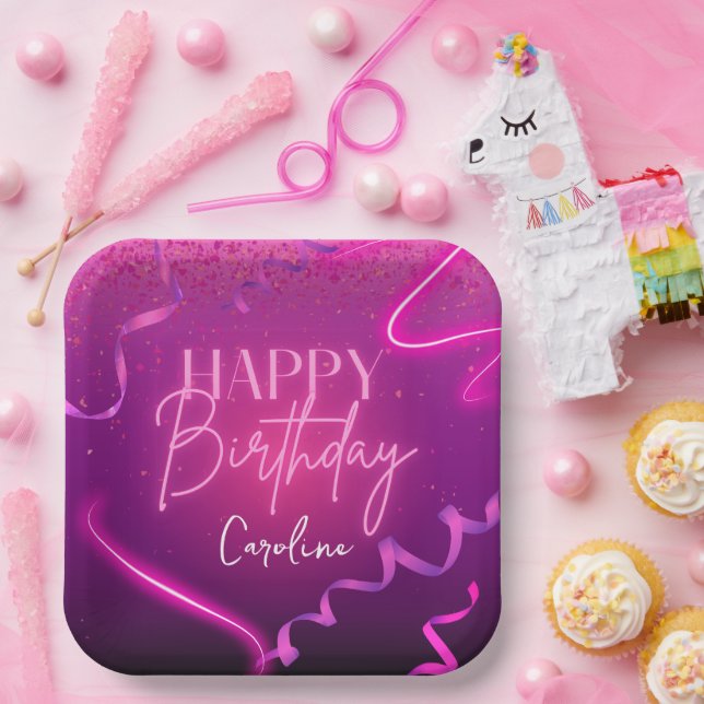 Pink Purple Confetti Neon Lights Happy Birthday  Paper Plates (Party)