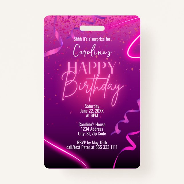 Pink Purple Confetti Neon Surprise Birthday Party Badge (Front)