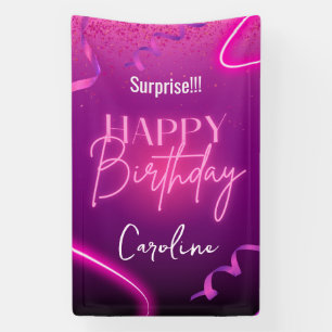 Pink Purple Confetti Neon Surprise Happy Birthday Banner