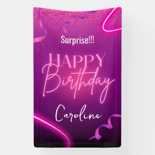 Pink Purple Confetti Neon Surprise Happy Birthday  Banner