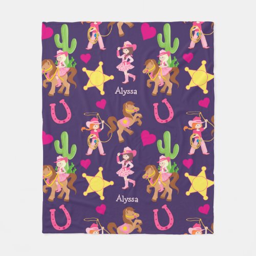 Pink Purple Cowgirl Pattern Kids Fleece Blanket
