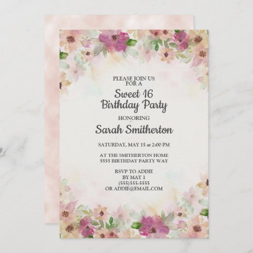 Pink Purple Cream Watercolor Sweet 16 Birthday Invitation