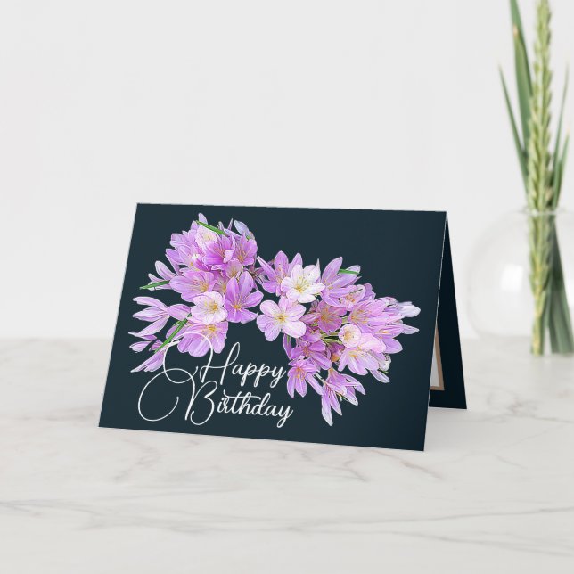 Pink/Purple Crocus Gray Backdrop Happy Birthday Card (Front)