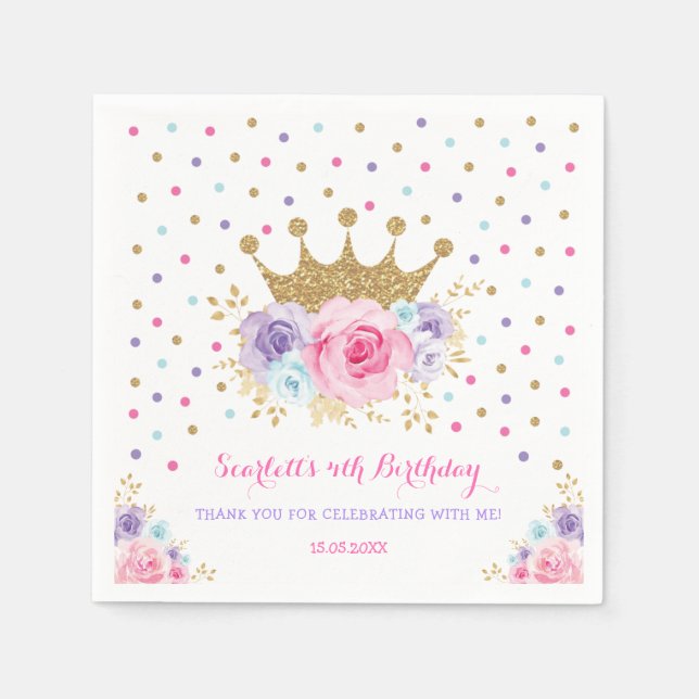 Pink Purple Crown Princess Royal Birthday Party Napkins (Front)