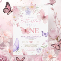 Pink Purple Cute Butterfly Twin Girl 1st Birthday