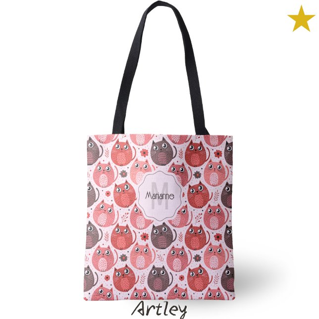 Pink Purple Cute Fat Cats Name Monogram Tote Bag (Creator Uploaded)