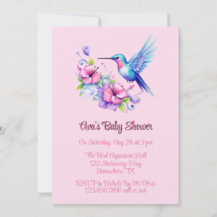 Pink Purple Cute Hummingbird Girl Baby Shower Invitation