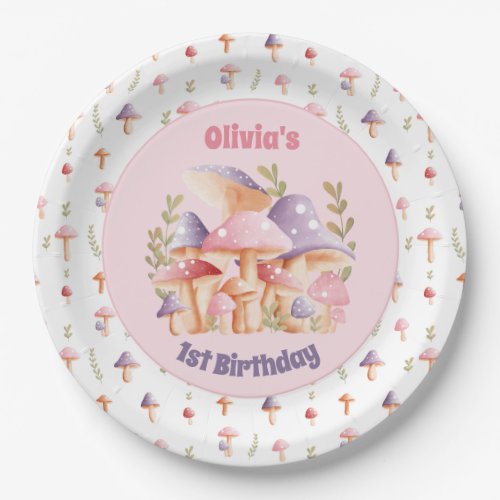 Pink Purple Cute Mushrooms 1st Birthday Fall Paper Plates