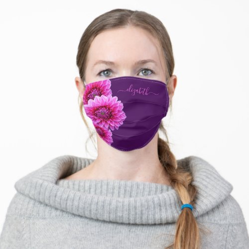 Pink purple Dahlia flowers florals name script Adult Cloth Face Mask