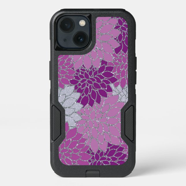 Pink Purple Dahlia flowers, silver glitter Otterbox iPhone Case (Back)