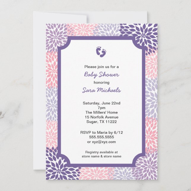 Pink Purple Dahlia Girl Baby Shower Invites (Front)
