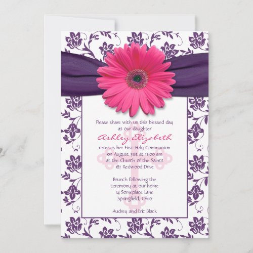 Pink Purple Daisy First Communion Invitation