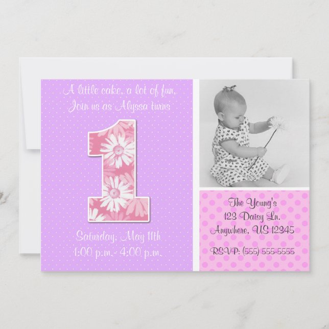 Pink Purple Daisy Girls First Birthday Invitation (Front)