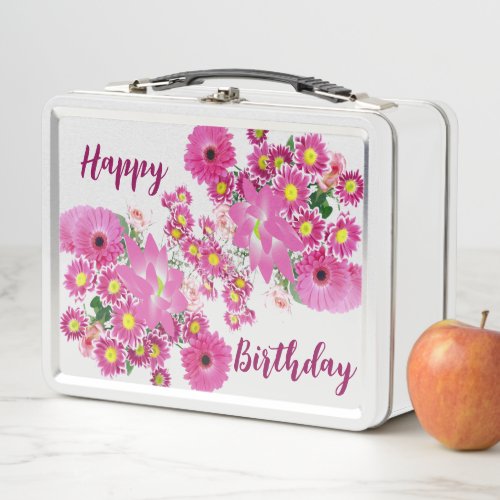 Pink  Purple Daisy Lotus Floral Greenery Birthday Metal Lunch Box