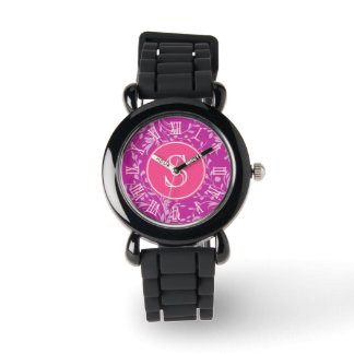 Pink, purple damask graphic monogram girls watch