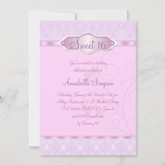 Pink/Purple Damask & Swirl Sweet16 Invite (Front)