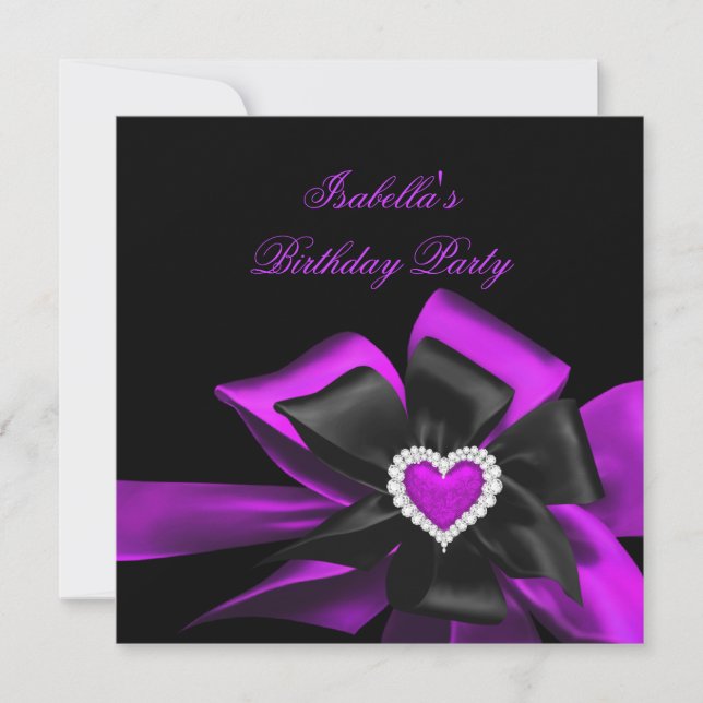 Pink Purple Diamond Heart Black Bow Birthday Party Invitation (Front)