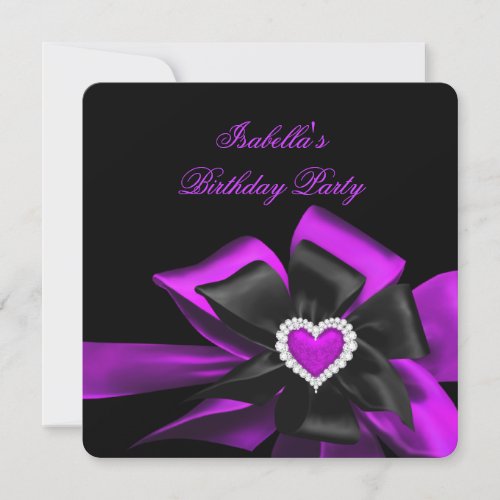 Pink Purple Diamond Heart Black Bow Birthday Party Invitation