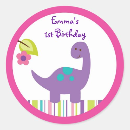 Pink  Purple Dinosaur Baby Shower Classic Round Sticker