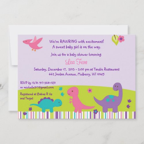 Pink  Purple Dinosaur Baby Shower Invitation