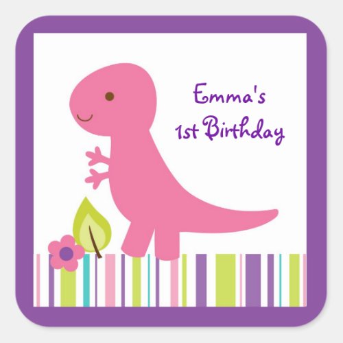 Pink  Purple Dinosaur Baby Shower Square Sticker