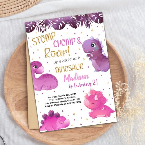 Pink Purple Dinosaur Birthday Invitations