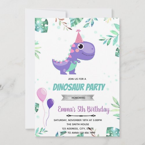 Pink purple dinosaur party invitation