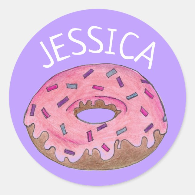 Pink Purple Donut Doughnut Sprinkles Personalized Classic Round Sticker (Front)