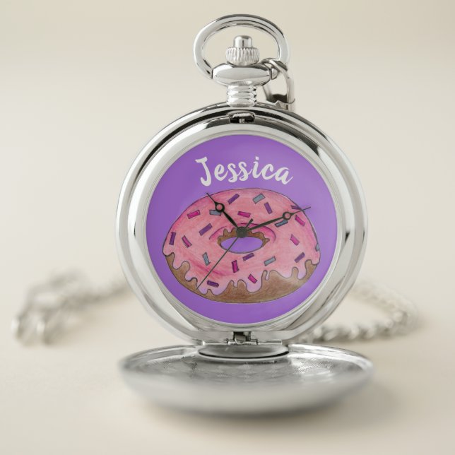 Pink Purple Donut Doughnut Sprinkles Personalized Pocket Watch (Inside)