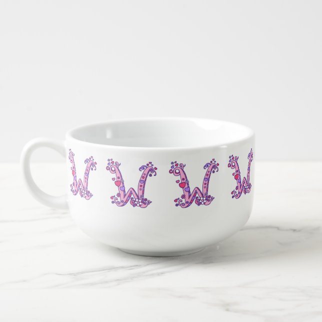 Pink purple doodle letter W soup bowl mug (Right)