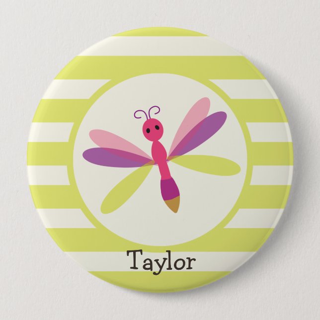 Pink & Purple Dragonfly on Lime Green Stripes Pinback Button (Front)