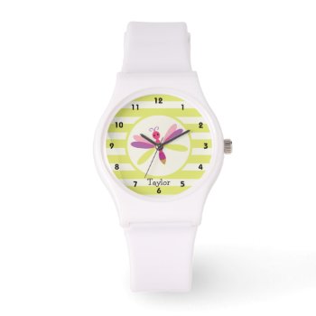 Pink & Purple Dragonfly On Lime Green Stripes Watch by Birthday_Party_House at Zazzle