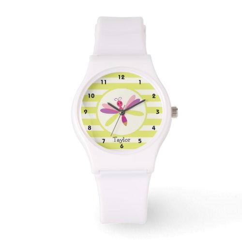 Pink  Purple Dragonfly on Lime Green Stripes Watch