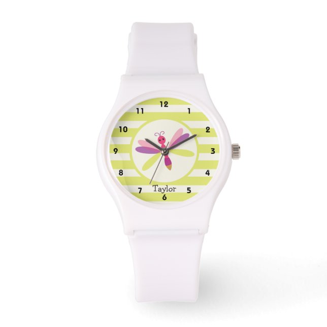 Pink & Purple Dragonfly on Lime Green Stripes Watch (Front)