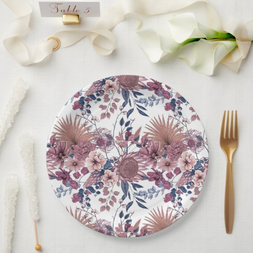 Pink purple dried botanical florals slate blue  paper plates