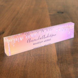 Pink purple drips holographic business desk name plate