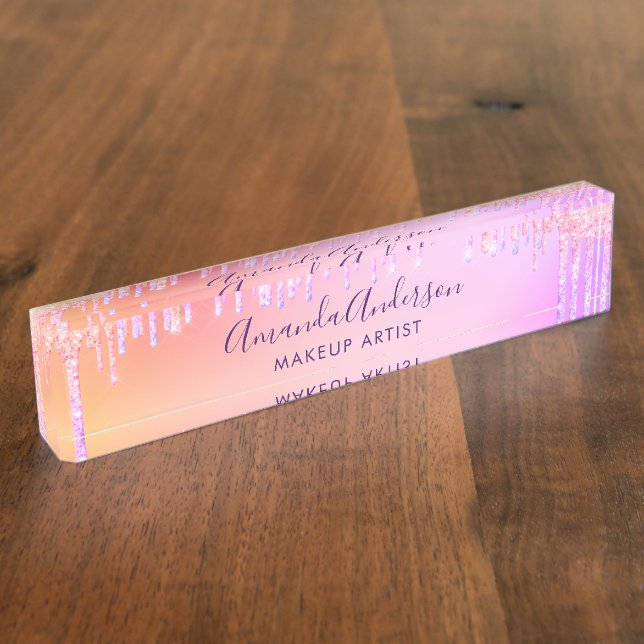 Pink purple drips holographic business desk name plate (Side)