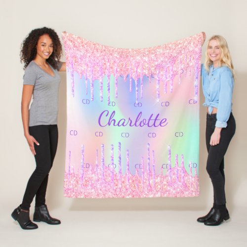 Pink purple drips holographic name monogram fleece blanket