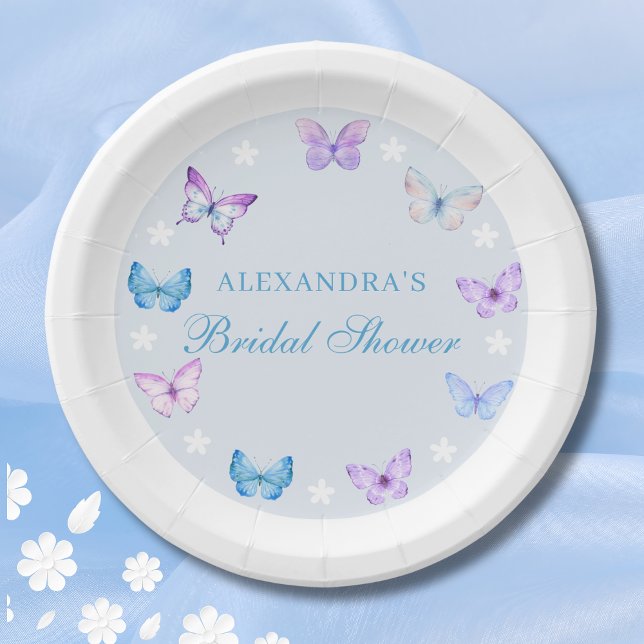 Pink Purple Dusty Blue Butterfly Bridal Shower Paper Plates (Creator Uploaded)