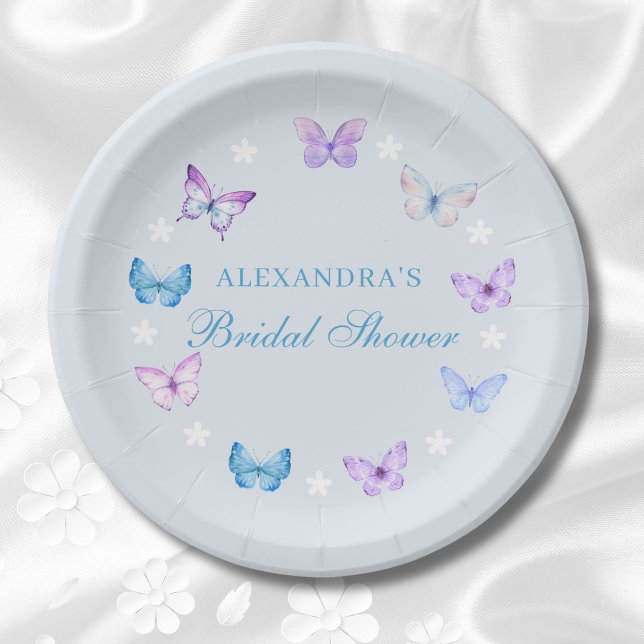 Pink Purple Dusty Blue Butterfly Bridal Shower Paper Plates (Creator Uploaded)