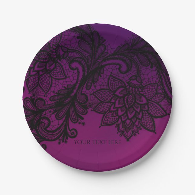 Pink & Purple Elegant Black Lace Party Paper Plates (Front)