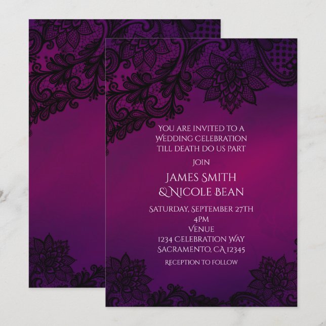 Pink & Purple Elegant Lace Wedding Invitation (Front/Back)