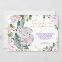 Pink Purple Elephant Baby Shower Thank You Card 