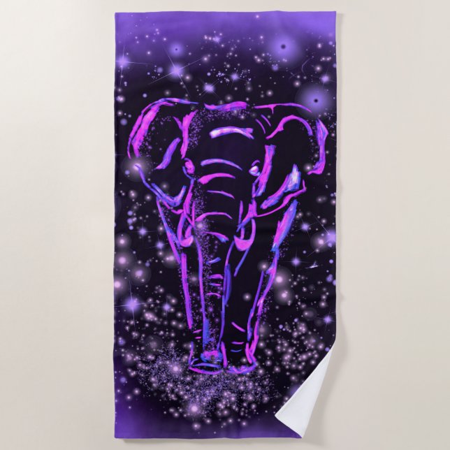 Pink Purple Elephant Beach Towel In Starry Night  (Front)