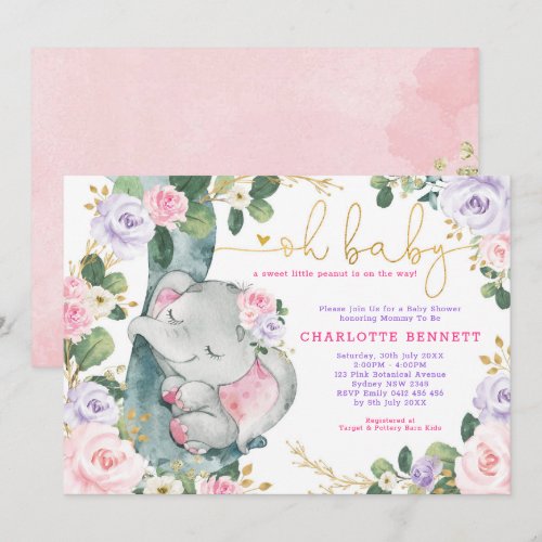 Pink Purple Elephant Floral Girl Baby Shower