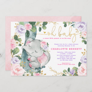 Pink Purple Elephant Floral Girl Baby Shower Invitation