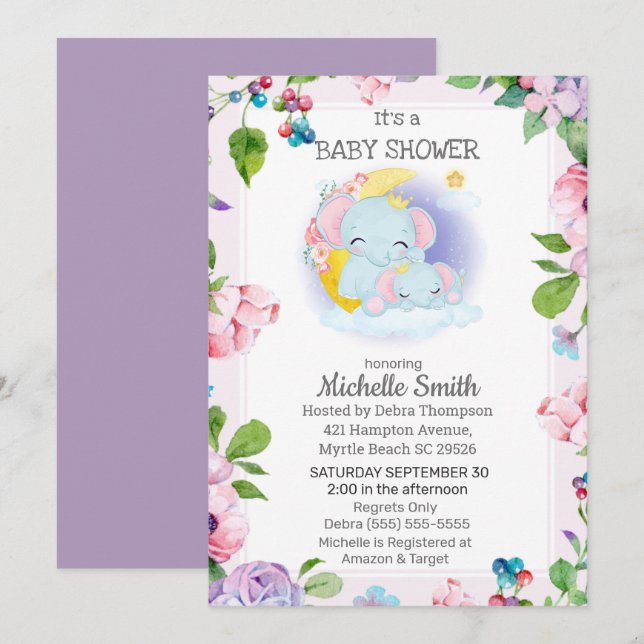 Pink Purple Elephant Floral  Mom Baby Shower   Invitation (Front/Back)